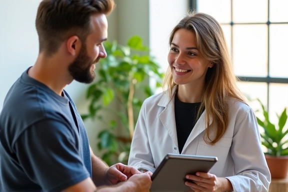 A nutritionist consulting with a client, pointing to a healthy meal plan on a tablet, in a bright, modern office setting.