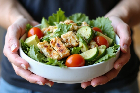 Hands holding a fresh, colorful salad bowl with various ingredients, symbolizing healthy food choices and personalized nutrition.